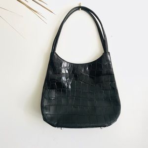 Monsac Black Leather Crocodile Embossed Bag.